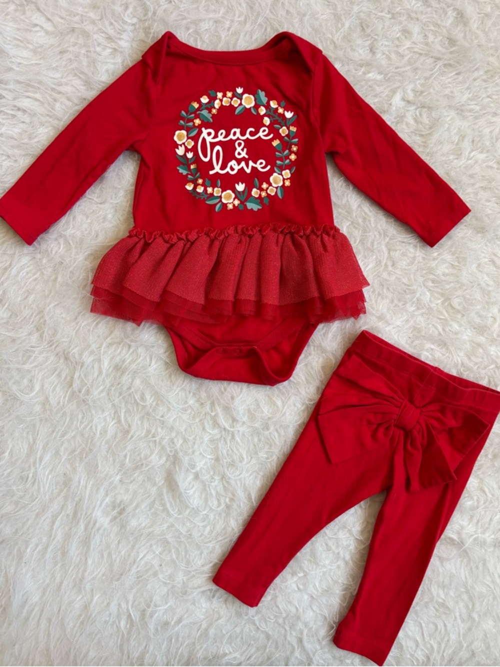Cat & Jack Festive Red 'Peace & Love' Bodysuit and Bow Leggings Set